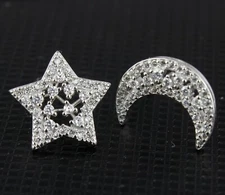 Fashion Women 925 Sterling Silver Shining CZ Moon and Star Post Earring Stud