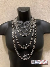 SILVER STAINLESS STEEL FIGARO 16"-30" WOMEN MEN 3/4/5/7/9/10/12MM CHAIN NECKLACE