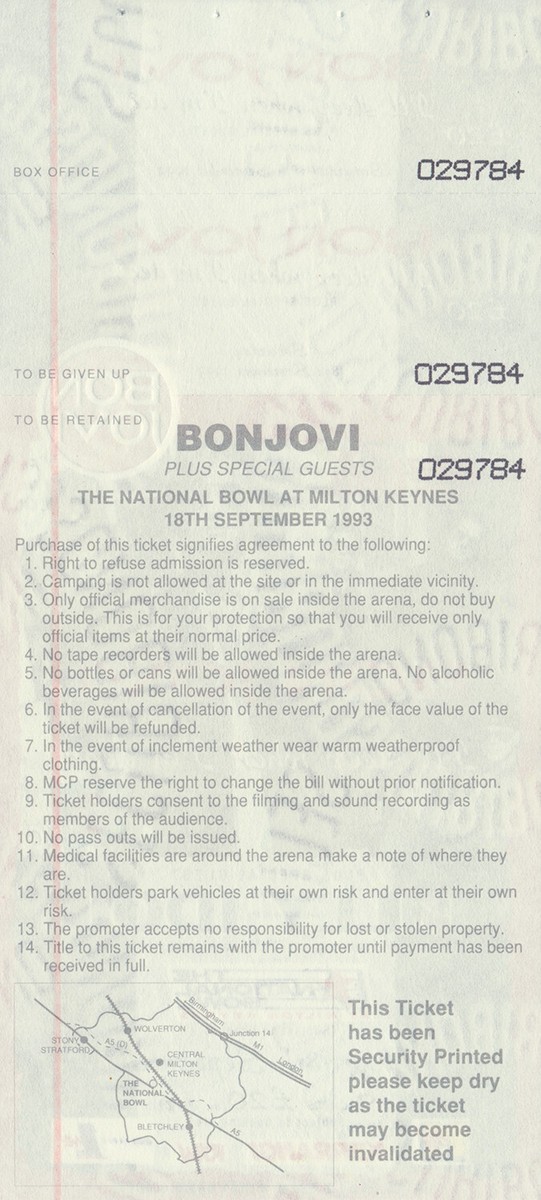 Bon Jovi 1989年Milton Keynesライブチケット半券 Bon Jovi 1989年Milton Keynesライブチケット半券