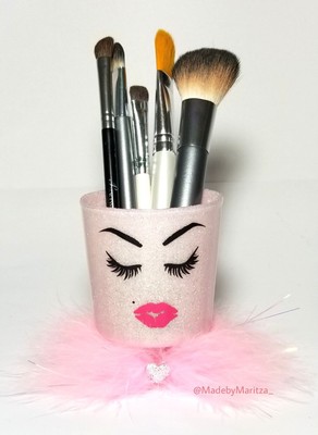 Mini Pink Glitter Makeup Brush Pen Holder Lipstick Lashes Lips Room