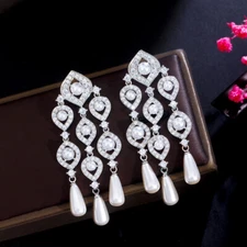 Silver Plated Pearl Dangle Tassel Drop Long Chandelier Earrings CZ Bride Jewelry