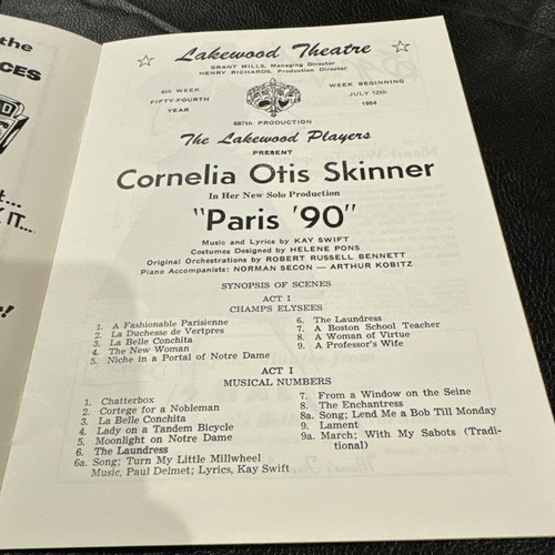 Cornelia Otis Skinner "PARIS '90" Kay Swift 1954 Lakewood Playbill - Picture 2 of 5