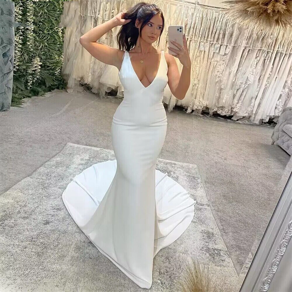 Sexy Mermaid Wedding Dress Deep V Neck Backless Sweep Train Satin Bridal Gown - Image 2 of 4
