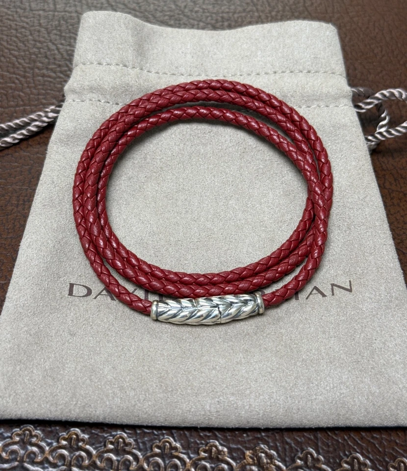 Brazalete David Yurman de cuero rojo triple envoltura Chevron de plata de ley .925 L Foto 2 de 3
