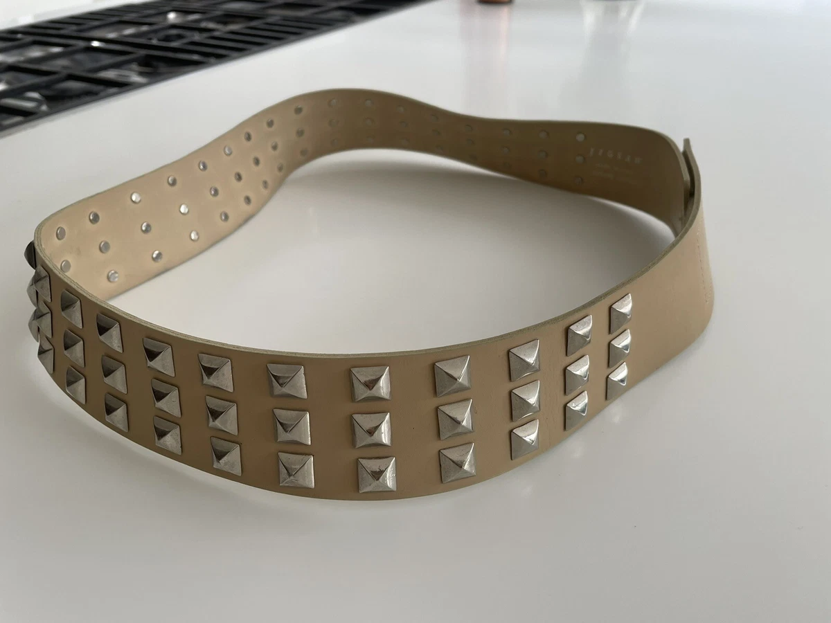 JIGSAW Leather Studded Belt Womens sz M | Color: Distressed Cream WRITWAA White Pu Leather Punk Studded Belt for Women, Square  main image 2