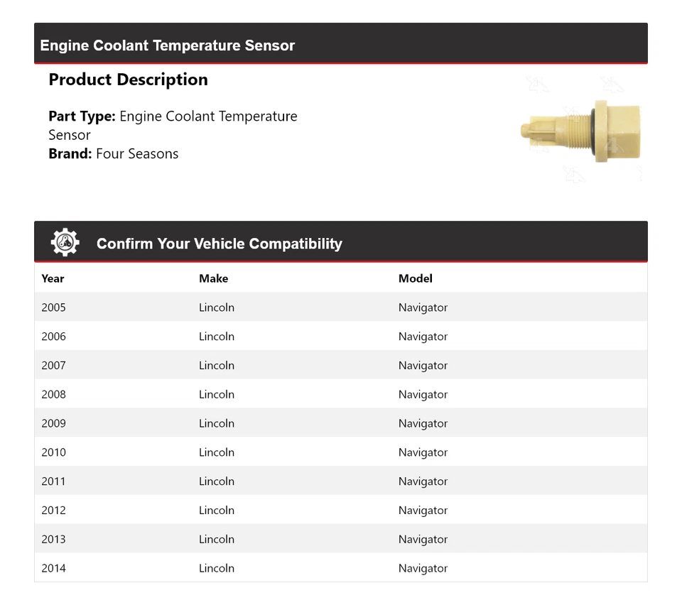 For 2005-2014 Lincoln Navigator Engine Coolant Temperature Sensor 4 Seasons 2006 - Image 2 of 4