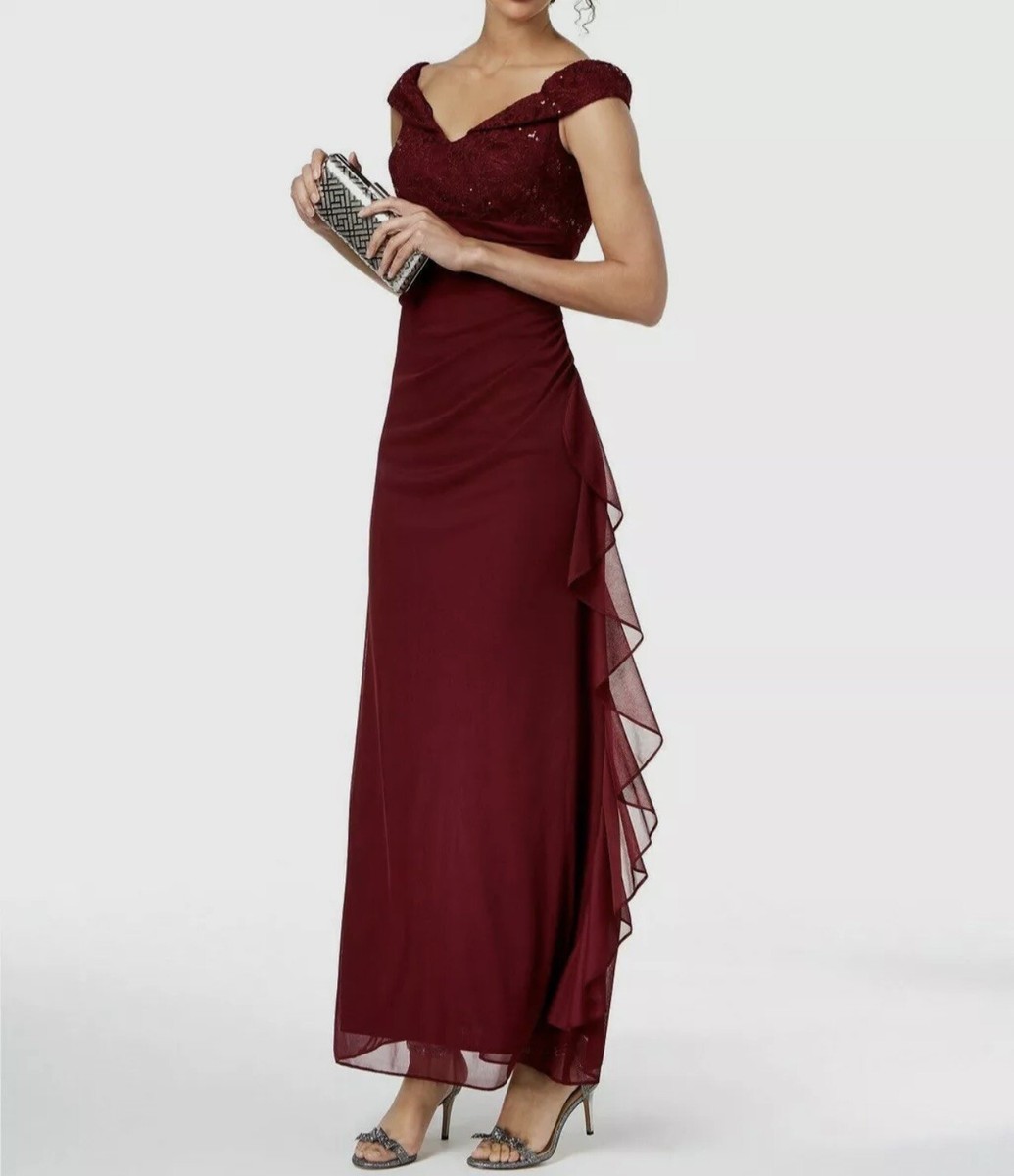 open lace back dress Ruffled High-Neck Floral-Print Long Red Formal Dress– PromGirl