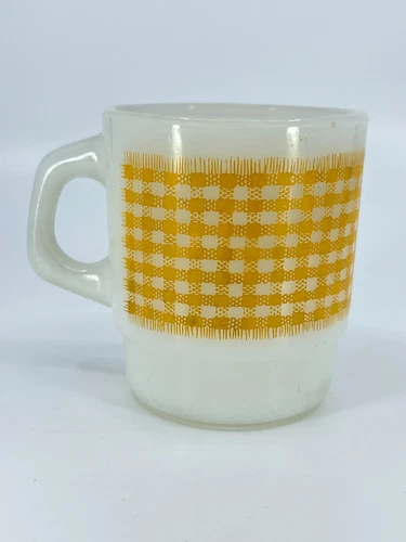 Fire-King Anchor Hocking Yellow Gingham Plaid Stackable White Mug Cup Milk Glass