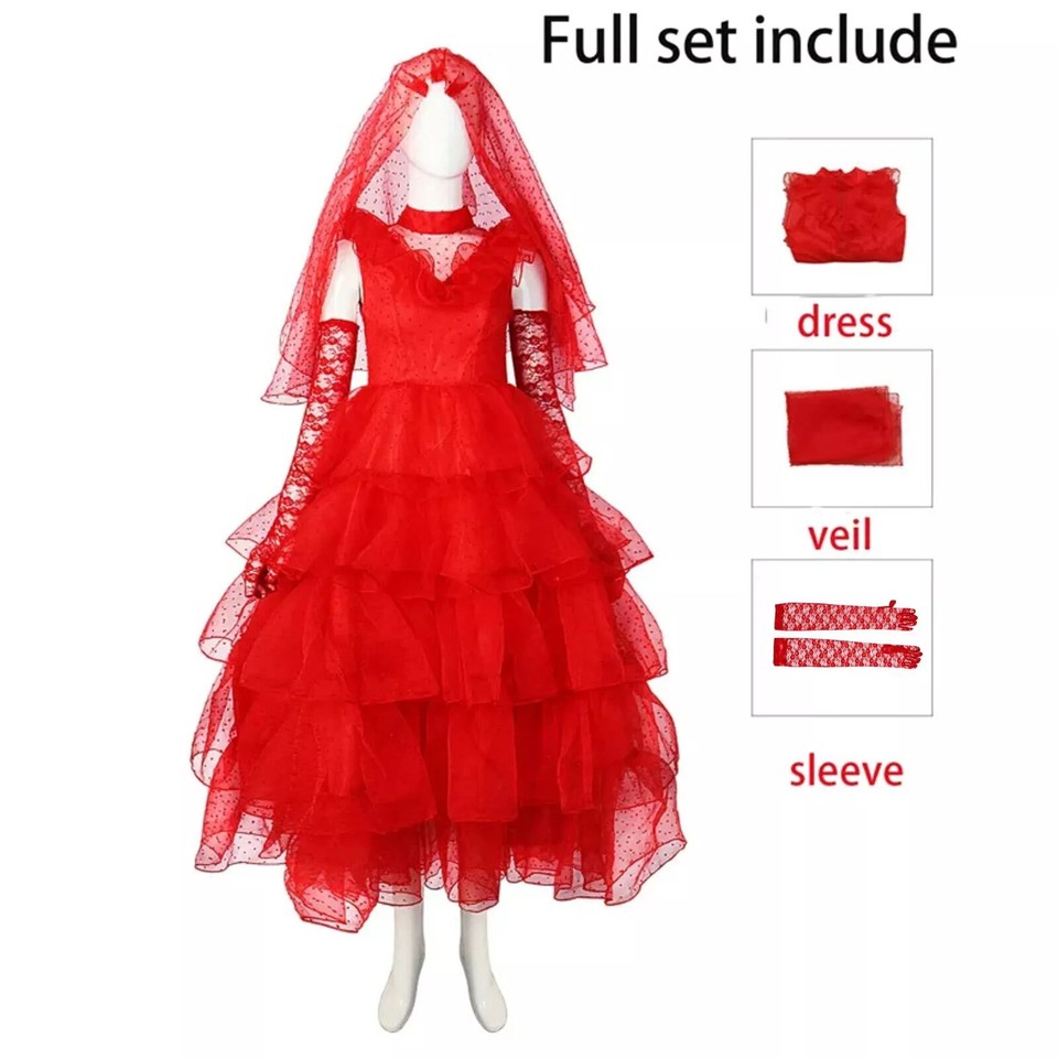 Beetlejuice Cosplay Bride Lydia Costume Red Wedding Dress Wig Halloween