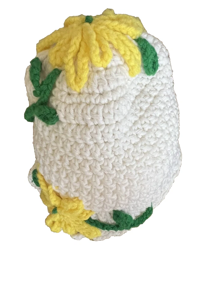 Gorro gorro vintage hecho a mano de ganchillo blanco y amarillo floral para niños niñas Foto 4 de 4