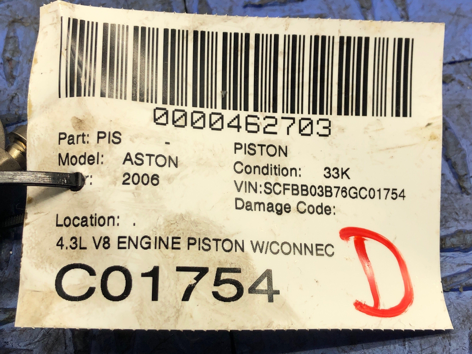 2006-2018 ASTON MARTIN VANTAGE V8 4.3L V8 ENGINE PISTON W/CONNECTION ROD OEM