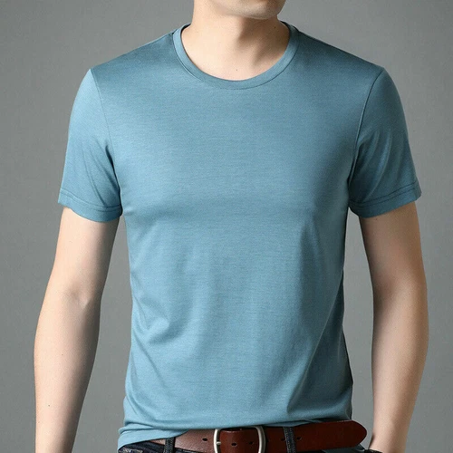 Top de seda color liso cuello redondo de verano manga corta para hombre M-3XL - Imagen 13 de 24