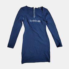Bebe Women Blue Scoop Neck Rhinestone Studded Bodycon Mini Sweater Dress XS