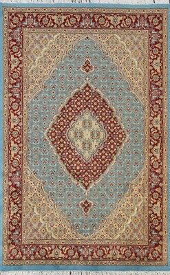 Wool/ Silk Light Blue/Red Tebriz Mahi Vegetable Dye Geometric Oriental Rug 4'x6'