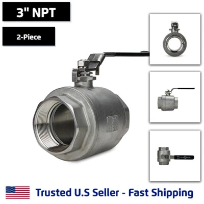 ATLANTIC VALVES 3" 2-Piece Full Port Ball Valve, Stainless Steel, NPT Threaded SS, 1000 WOG
