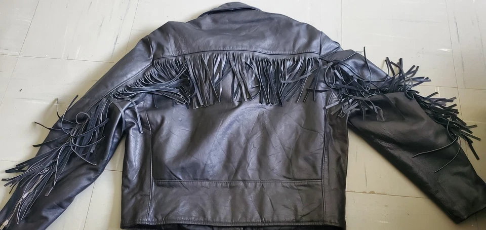 Vintage EXCELLED Fringed Mens Black Leather Motorcycle Jacket Size-S - Image 4 of 4