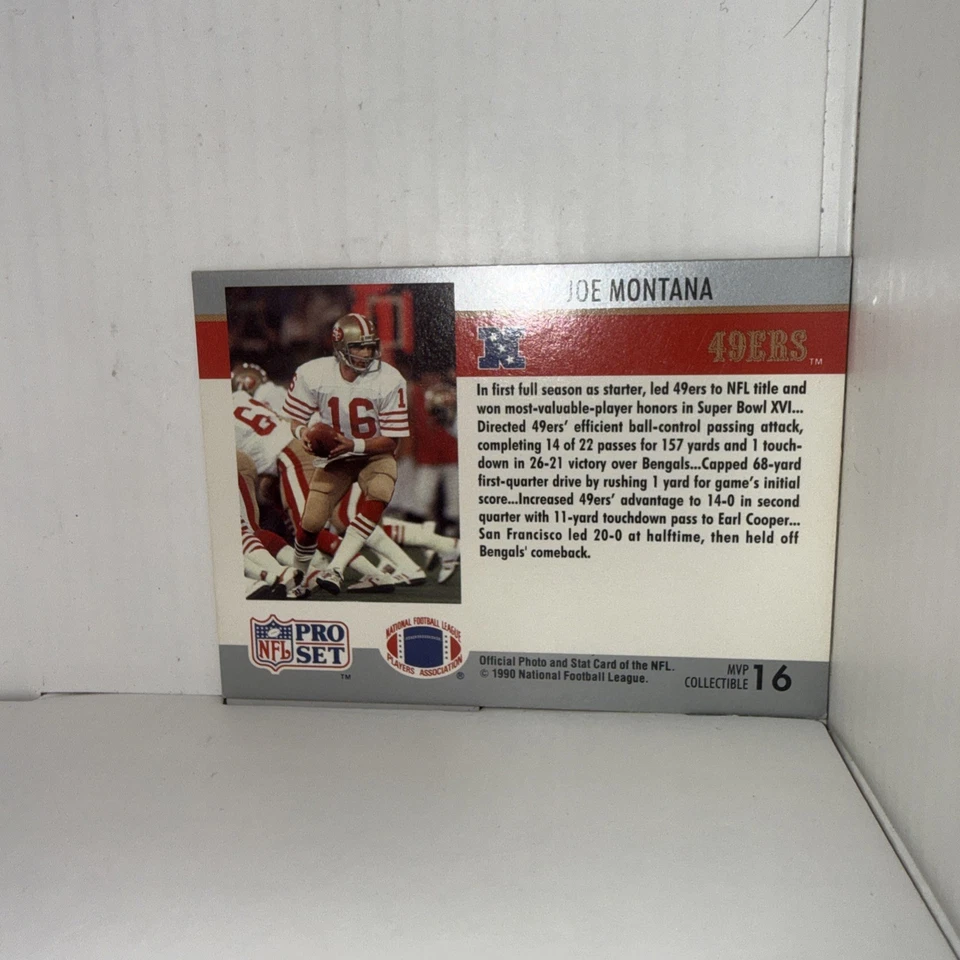 Tarjeta de fútbol americano 1990 Pro Set Super Bowl Jugador Más Valioso #16 Joe Montana San Francisco 49ers Foto 2 de 2