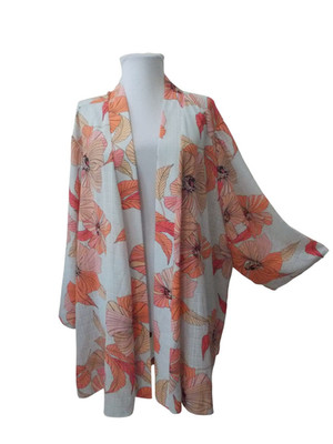 TRAVEL ELEMENTS White w/ Pink & Orange Flower Print Open Front Cardigan Sz 3X