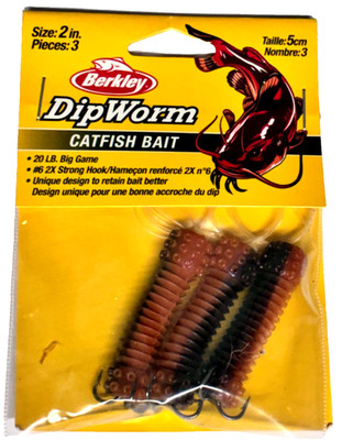 Berkley 2'' DipWorm Catfish Bait Natural 3 Count Package Size 6 2X Strong Hook