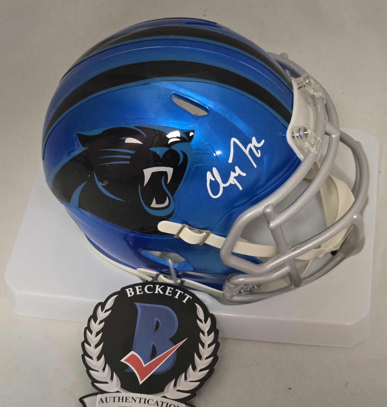 Christian McCaffrey Autographed Signed Carolina Panthers FLASH MINI HELMET BECKETT STANFORD 