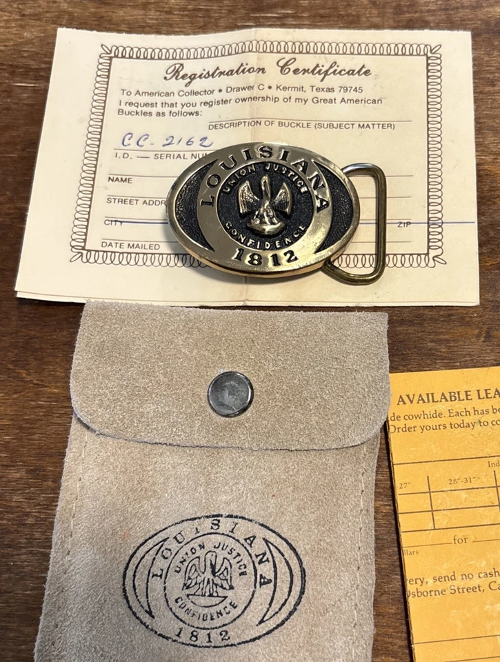 Hebilla de cinturón de latón macizo con sello de escudo de Louisiana pelícano vintage herencia como nueva rara Foto 2 de 4