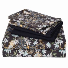 JSD Black Paisley Floral Printed Sheet Set King Size 6 Piece, Soft Pattern