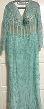 Light Blue Sequin Beaded Mesh Long Sleeve V-Neck Gown Formal Party