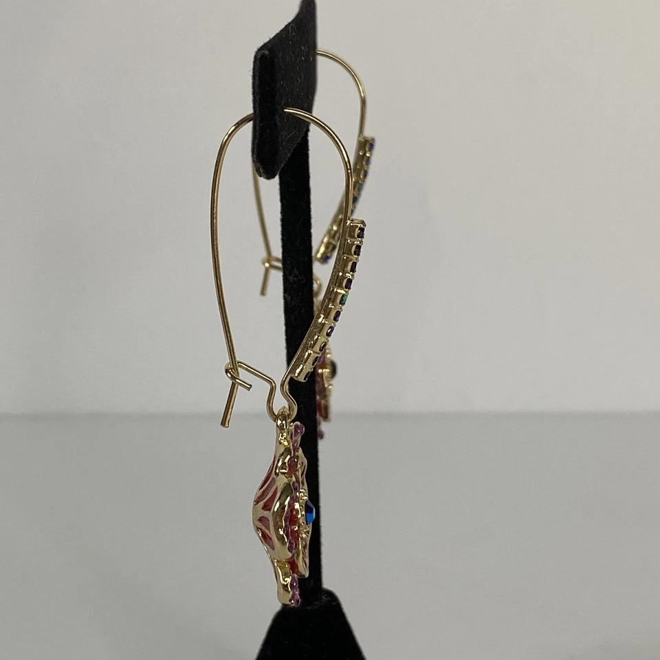 Betsey Johnson Garden Of Excess Gold Tone Rose Drop Earrings AB Crystal Accents - Image 3 of 4