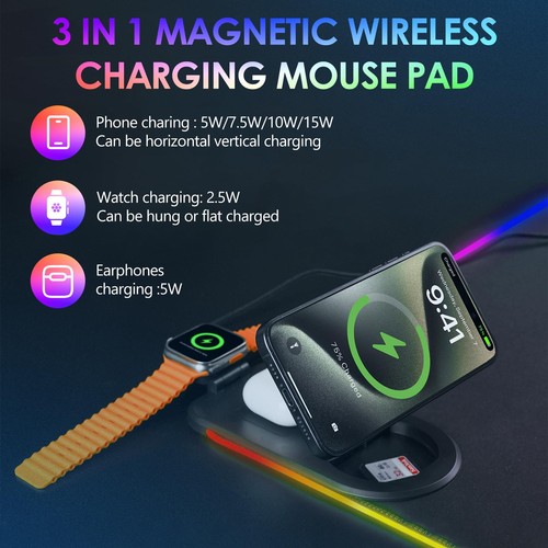 3 in 1 Gaming Mauspad Mousepad RGB Mousepad Wasserdicht Mauspad mit 15W Kabel... - Afbeelding 2 van 7