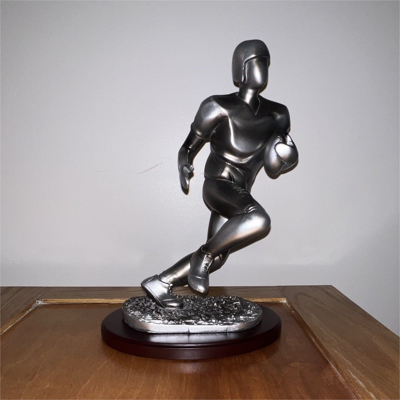 Silver Metallic Resin Football Player Figurine Sculpture w/ Wooden Base