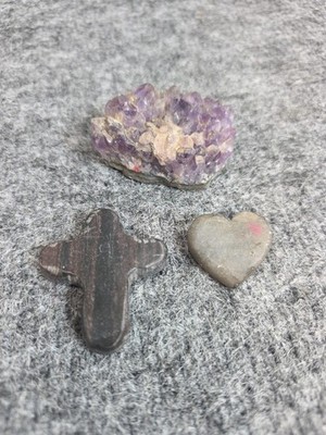 Amethyst Crystal Cluster Lot w Obsidian Cross & Gray Heart Carved Stones