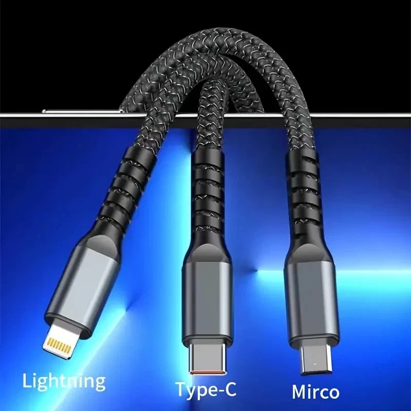 Pack of 6 100W 3 in 1 Fast Charging Cable USB C Micro USB Type A Braided Cord - Image 2 of 4