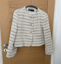 Zara Ivory & Black Striped Tweed Lined Short Jacket Button Front XL