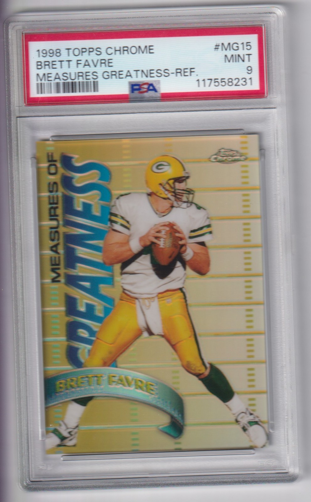 BRETT FAVRE 1998 TOPPS CHROME FOOTBALL CARD #MG15 PSA GRADED 9 MINT view 1