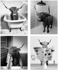 Funny Highland Cow Bathroom Wall Art, Vintage Black and White Rustic Style Ca...