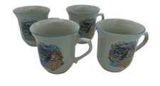 Tienshan Country Kittens  in a Basket w/Yarn & Bows Stoneware VINTAGE, SET OF 4