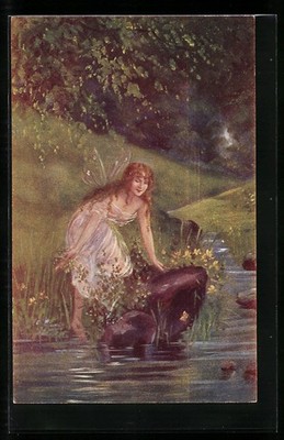 artist postcard signed F. Burger: Fairy at the Waldbach 