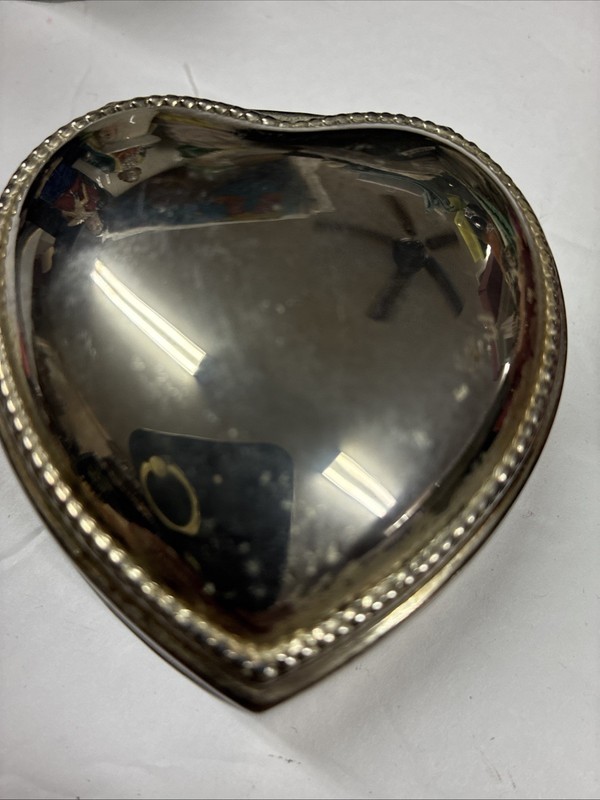 Heart Shaped Silver Plated Trinket Jewelry Box Pink Velvet Lined Vintage 13