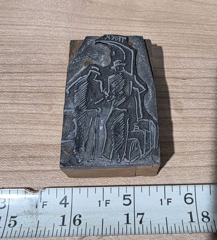 Vintage Letterpress Printing Block Track Race? Horse? Dog? Train Station?