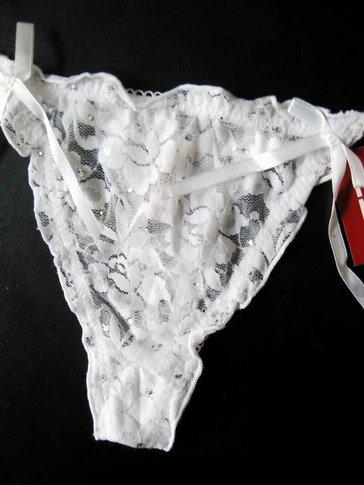 X0095 Hot Kiss NUEVO Tanga Para Mujer Lentejuelas Plateadas Tacto Blanco Transparente Floral Encaje L Foto 3 de 3