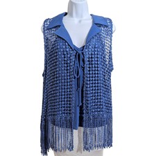 Crochet Fringe Vest Vintage Mesh 2 Pcs Cami Set Blue Boho Decorative Collared