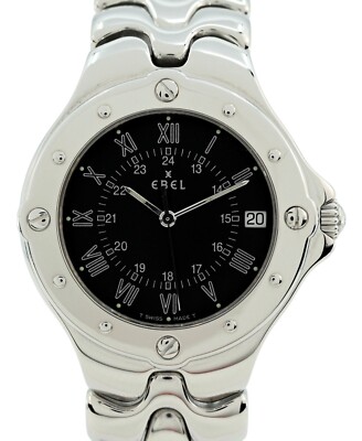 Ebel Sportwave Men's 36mm Stainless Steel Black Dial Swiss Watch Ref: E9187632!