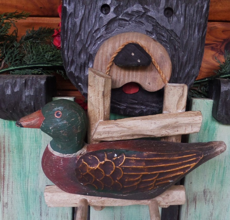 Vintage Coat Rack - Carved Wood Mallard Duck w Metal Wings - 2 Hooks