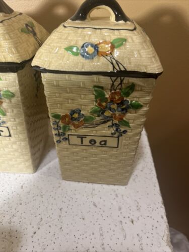 Vintage Hotta Yu Shoten Japan Basketweave Majolica Kitchen Canisters (set Of 4) - Picture 3 of 14