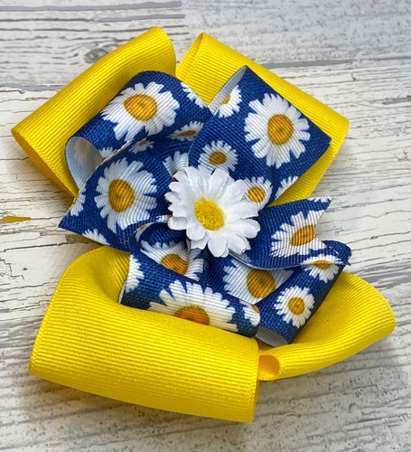Daisy Double Pinwheel Hair Bow Stacked Boutique Spring Flower Yellow - Picture 3 of 4