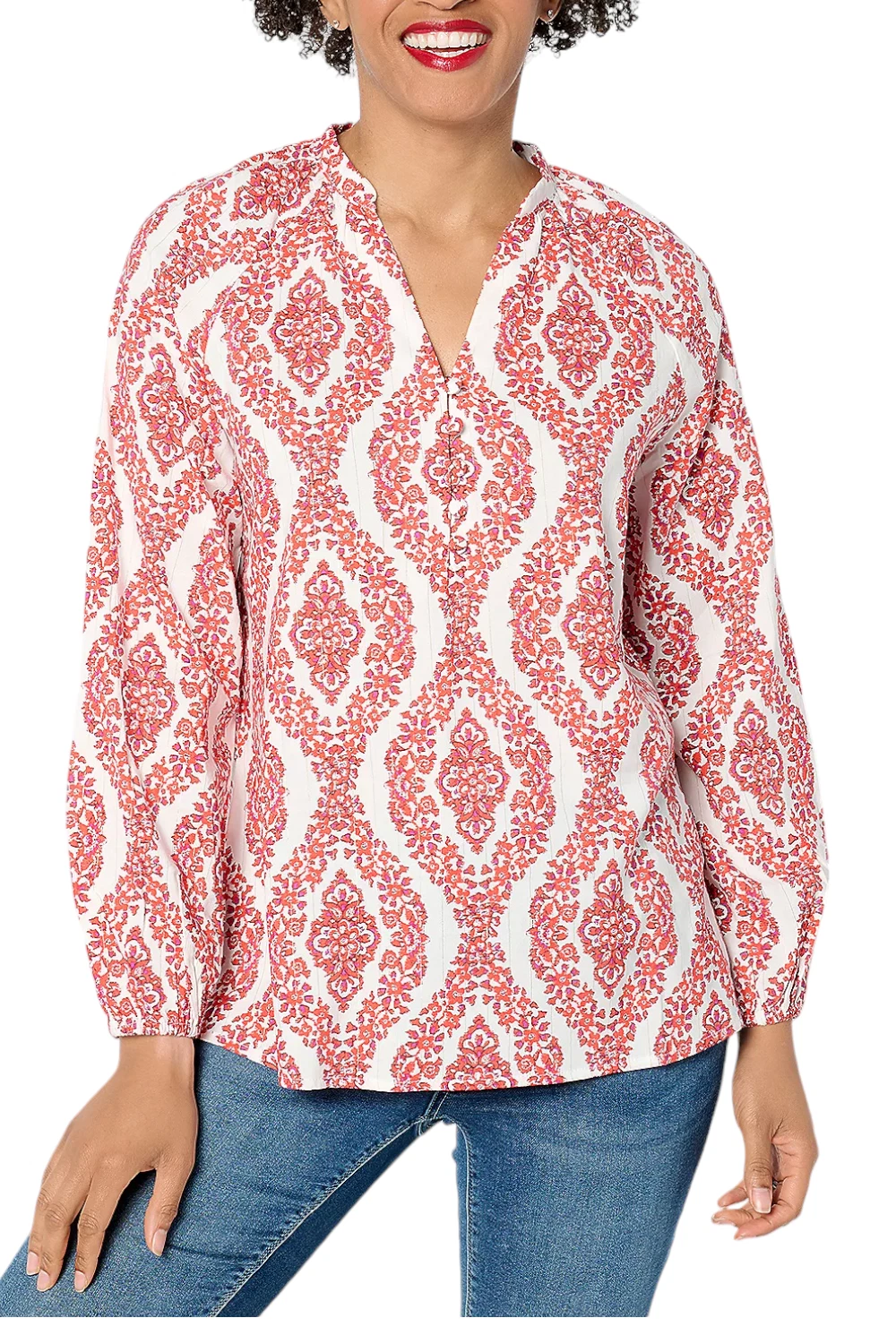 Belle by Kim Gravel Floral Ikat Blouson Sleeve Blouse Terra Cotta