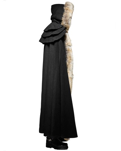 Punk Rave Mens Cloak Coat Jacket Black Hooded Fur Gothic Steampunk VTG Regency - Picture 6 of 12
