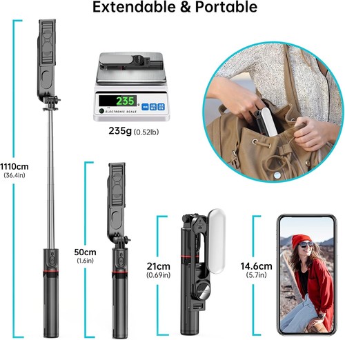 Selfie Stick Tripod Light | Phone Stabilizer with Remote | Extendable Stand - Picture 6 of 11