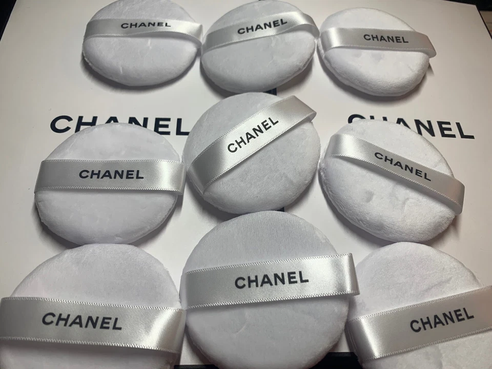 Lot of 9 Chanel Beauty White Powder Puff w/Satin Logo Ribbon Full Size Authentic