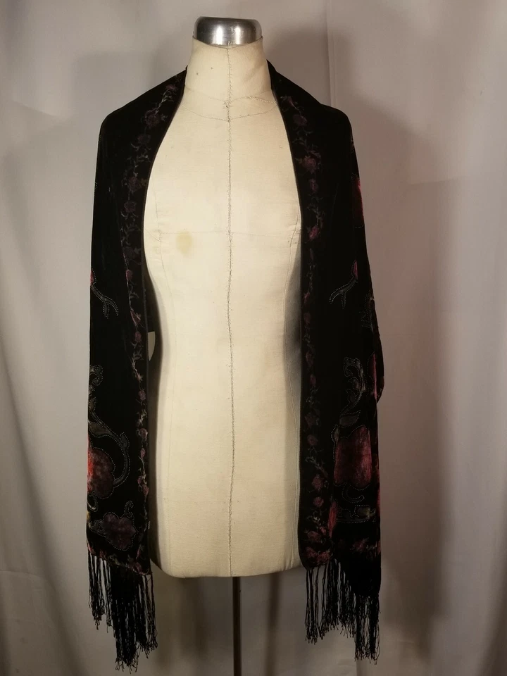 Bufanda transparente vintage de terciopelo de seda panal ancho 20,5 largo 66 borlas/fleco 5" Foto 3 de 4